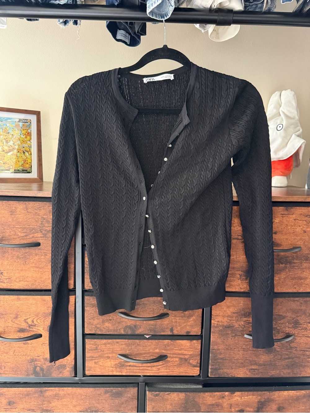 Zara Black Cable-Knit Cardigan with rhinestone Buttons